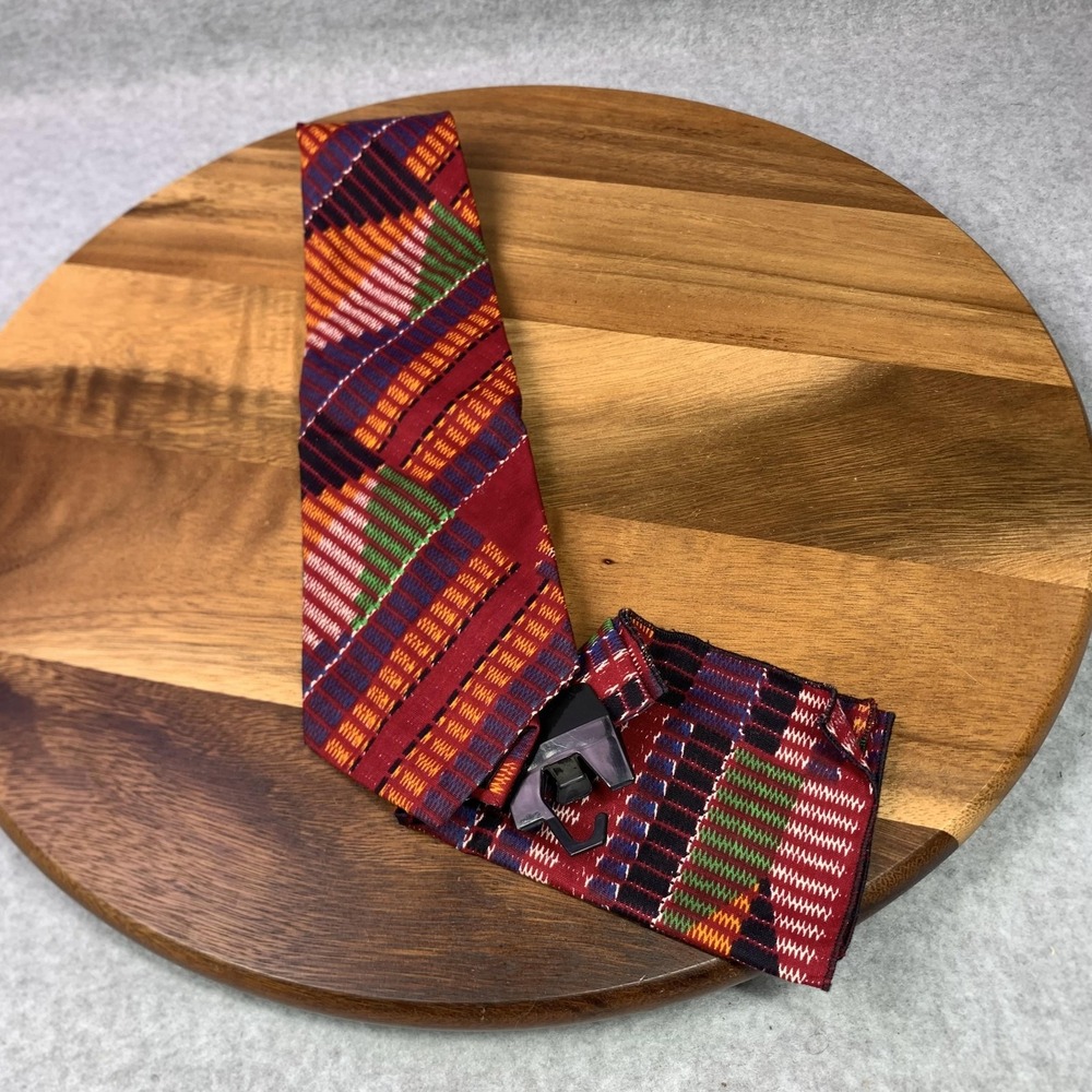 VTG Dino Collection Tie & Hanky Men‎ Multi Color Red Geometric Pattern USA 90s
